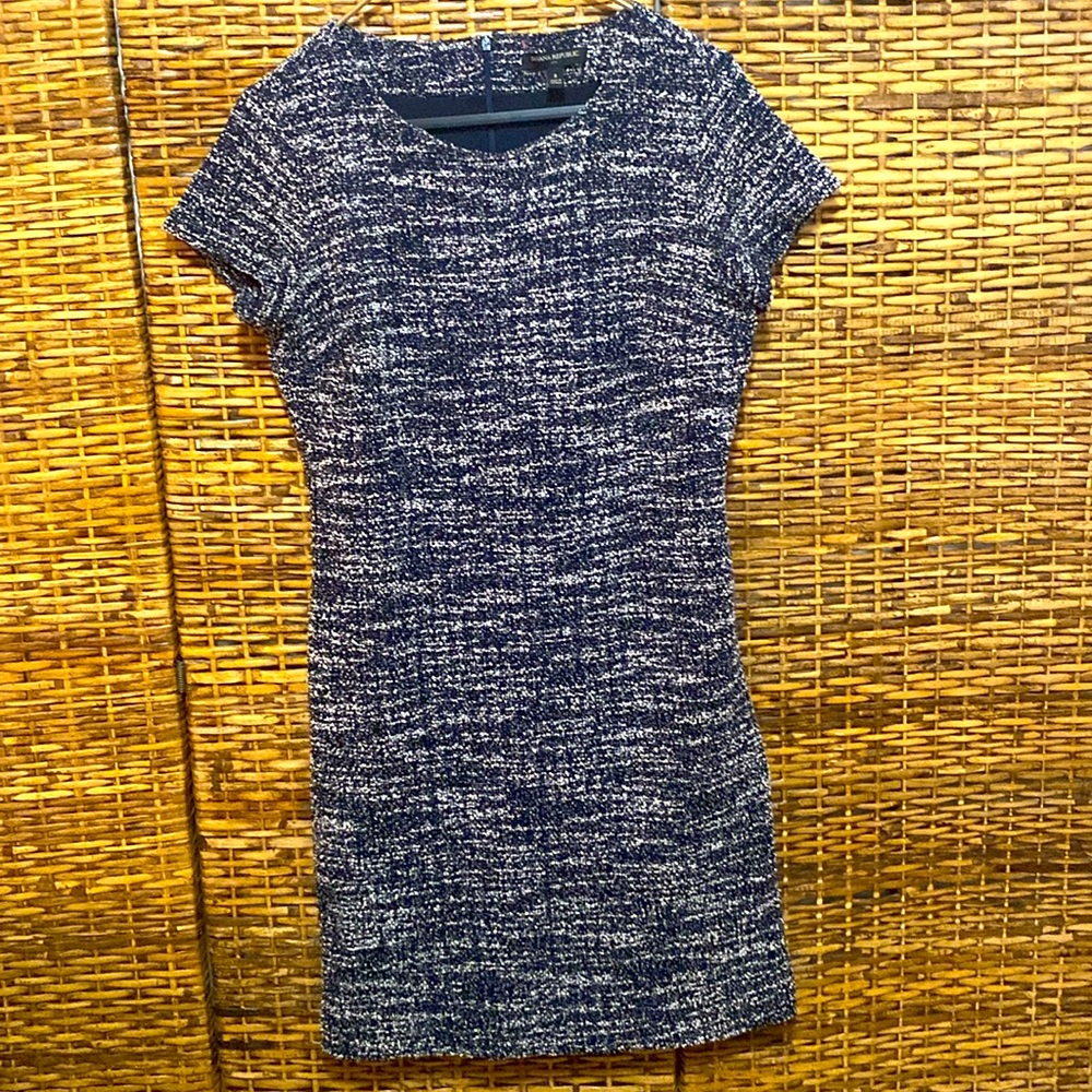 EUC Banana Republic Dark blue white Tweed  lined Midi shift Dress 8